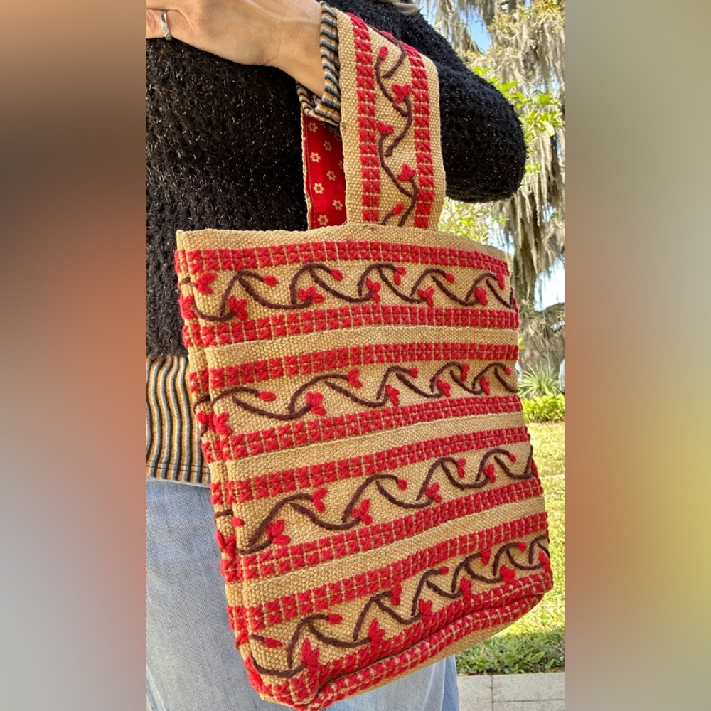 Vintage Embroidery Yarn Burlap Boho Hippie Handbag 70s Jute Tote 12x12 Bag
